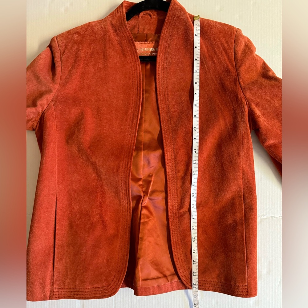 1970s Deerskin Trading Post 100% Suede open front Boho jacket in orange.Size 14 - Picture 8 of 9